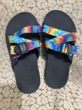 Chaco Tie-Dye Rainbow Adjustable Strap Slide Sandals - Black Footbed Men’s Sz 9